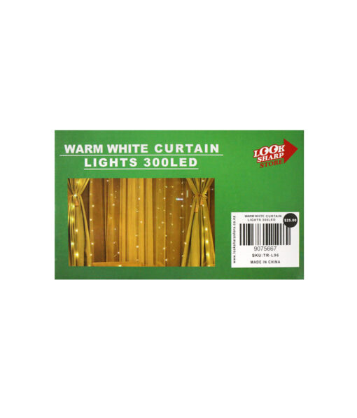 Warm white LED curtain lights in size of 3m x 3m and containing 300 LEDs