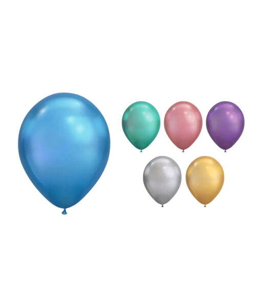 Helium filled latex chrome balloons in assorted colours of blue, green, pink, purple, silver, and gold in size of 11in