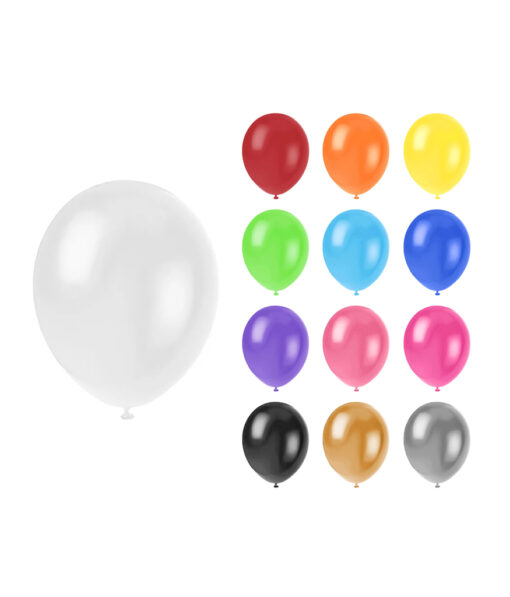 Helium filled latex balloons in assorted white, red, orange, yellow, green, light blue, royal blue, purple, light pink, hot pink, black, gold, and silver colours coming in size of 11in