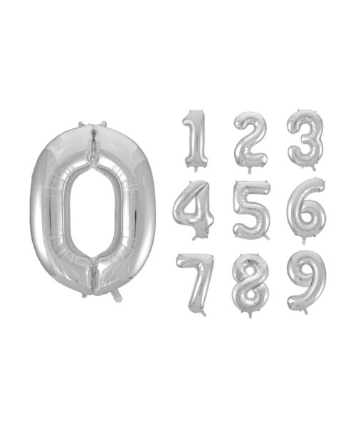 Silver helium filled foil balloons in number design