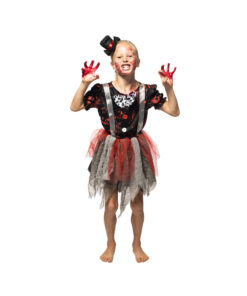 Bloody harlequin clown costume with small top hat with red ribbon, black top and gray tattered skirt with silver suspenders