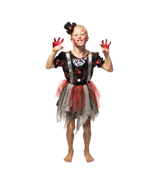 Bloody harlequin clown costume with small top hat with red ribbon, black top and gray tattered skirt with silver suspenders