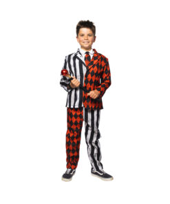 Crazy jester joker Halloween costume in half white and black stripe and half orange and black diamond design coming with prop cane with red jewel on top