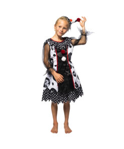 Creepy harlequin clown girl Halloween costume in black colour with polka-dot design and small party hat with red pompom