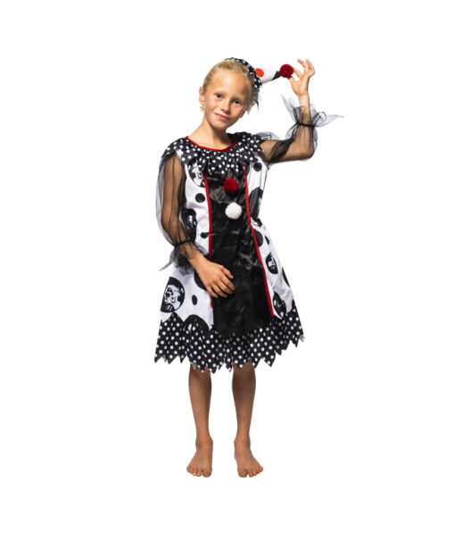 Creepy harlequin clown girl Halloween costume in black colour with polka-dot design and small party hat with red pompom