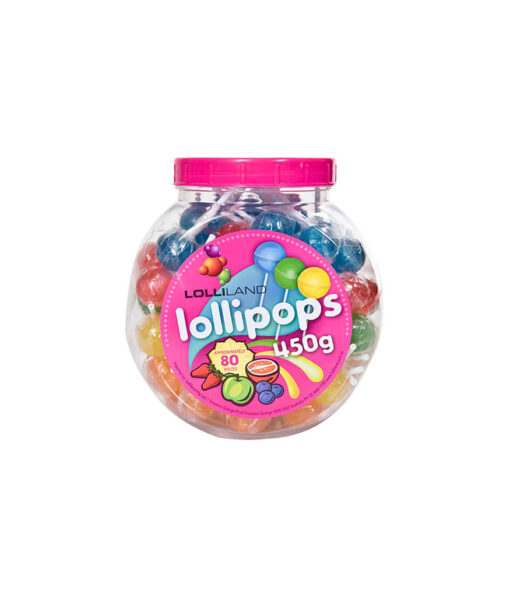 Assorted lollipops coming in container of approximately 80 pieces and 450g