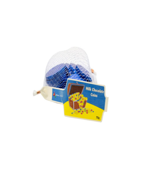 Milk chocolate coins in blue foil coming in pack of 75g