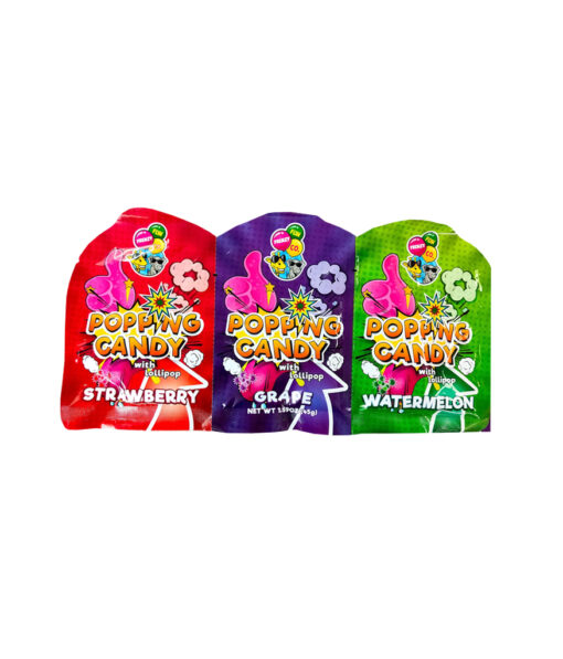 Popping candy with lollipop in strawberry, grape, and watermelon flavours