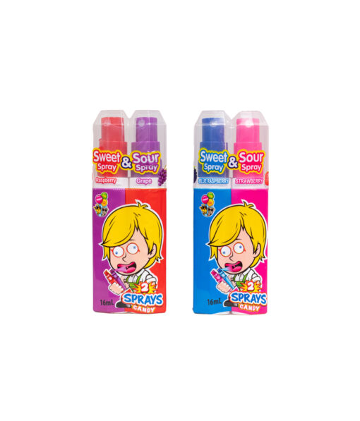 Dual flavoured tongue candy spray coming in raspberry and grape flavours and blue raspberry and strawberry flavours