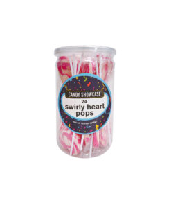 Swirly heart pops in container of 24 and pink and white colour