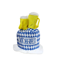 Blue and white checkered Oktoberfest hat with beer mug decoration