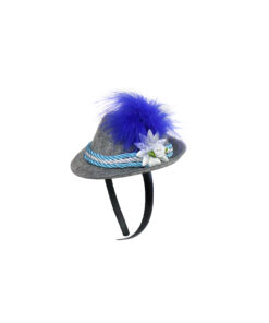 Grey felt hat with blue and white striped ribbon and blue fascinator design on black hairband