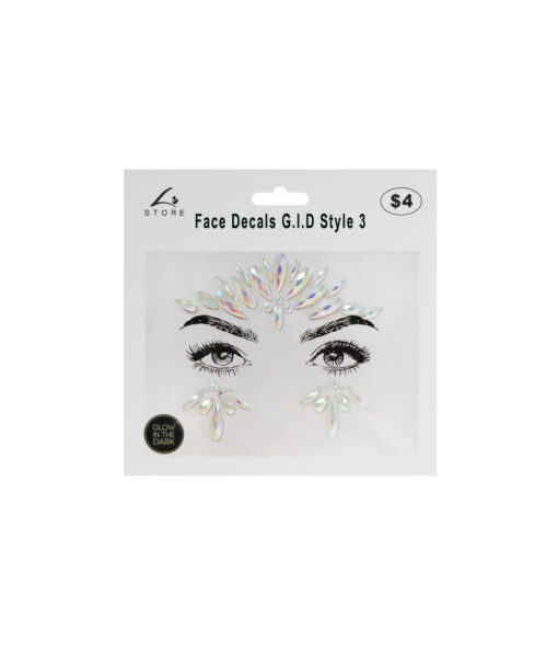 Glow in the dark face decal rhinestones in silver colour