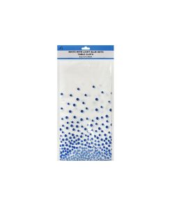 white table cover with blue polka dots