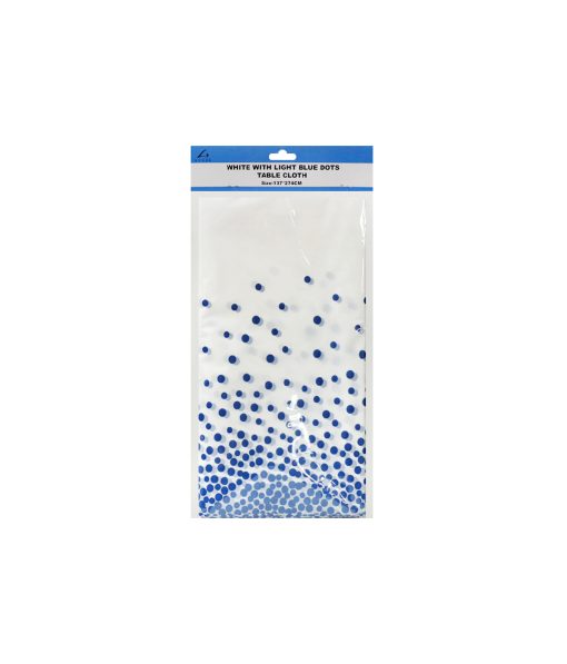 white table cover with blue polka dots