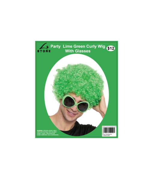 Lime Green Curly Wig With Glasses Party Set