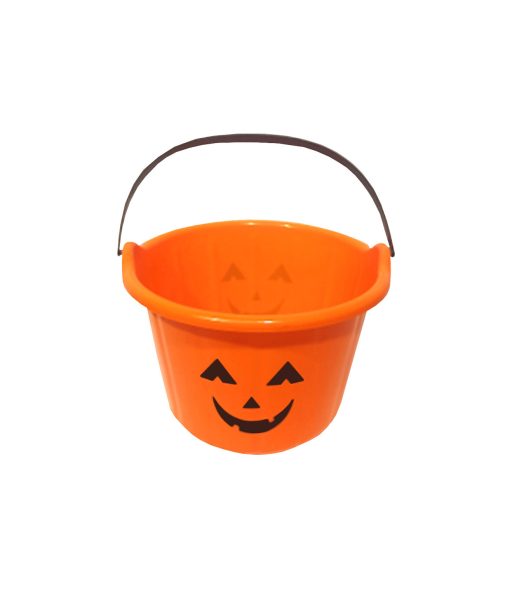 orange trick or treat bucket with pumpkin face