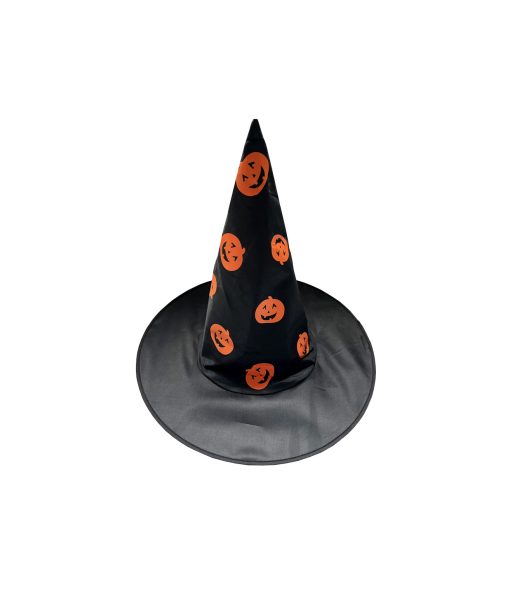 black witch hat with orange pumpkin pattern print