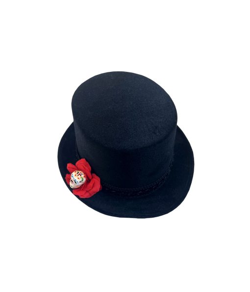 dead of the dead black top hat with flower skull on brim