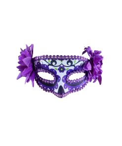 day of the dead purple mask with purple flowers on side trim