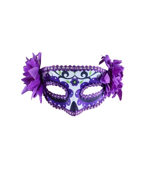 day of the dead purple mask with purple flowers on side trim