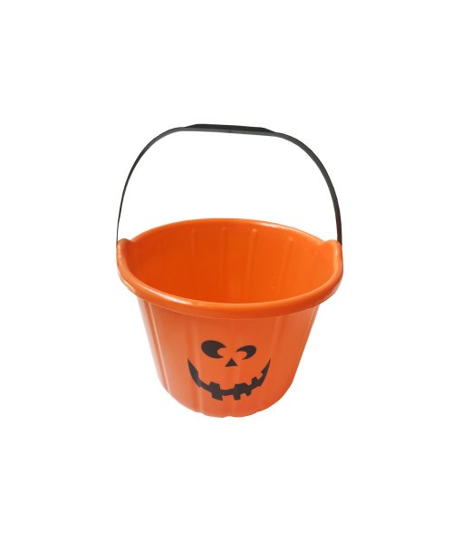 orange trick or treat bucket with pumpkin face design