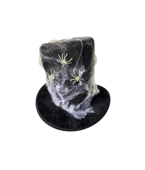 black top hat covered with spiderwebs and glow in the dark spiders