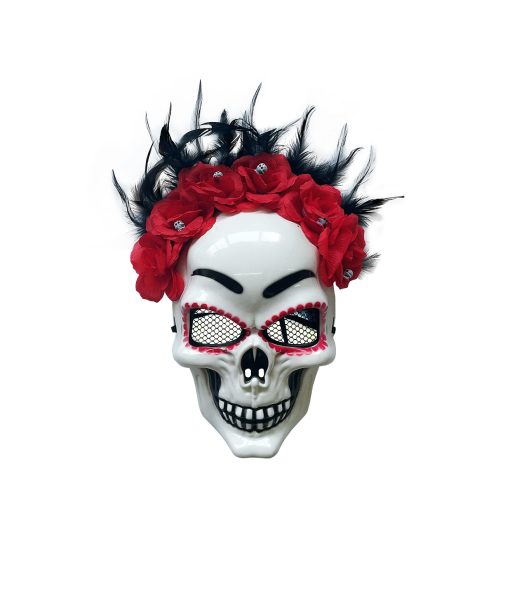 day of the dead plastic mask with red flowers and feather on trim