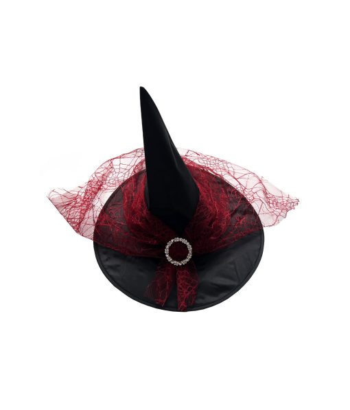 black witch hat with red veil trim