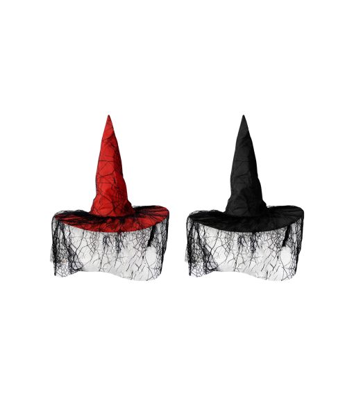 assorted black and red witch hat with spider design veil