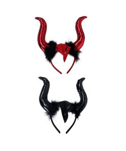 red or black devil horns headband with feather trim assorted