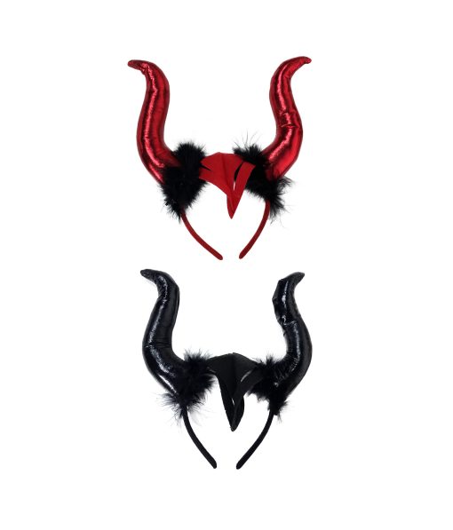 red or black devil horns headband with feather trim assorted