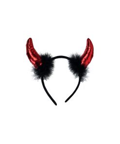 red devil horns headband with black feather trim assorted