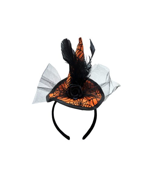 orange witch mini headband with feather on trim