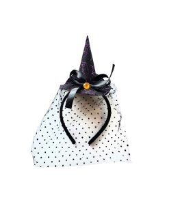 purple witch hat headband with black polka dot veil