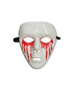 white plastic horror mask with bleeding eyes