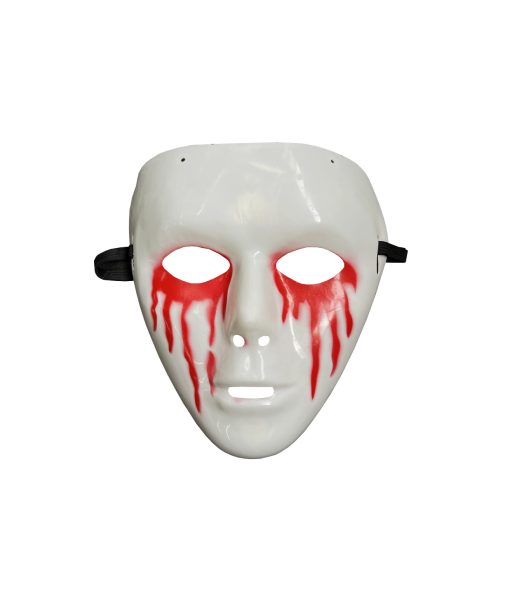 white plastic horror mask with bleeding eyes