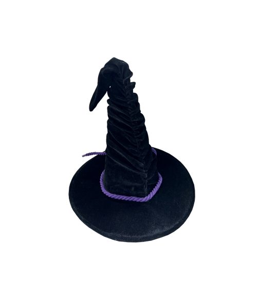 black witch hat with purple rope on brim