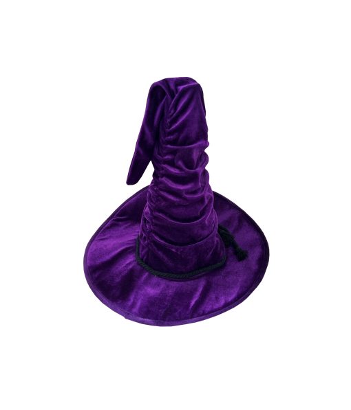 purple witch hat with black rope on brim