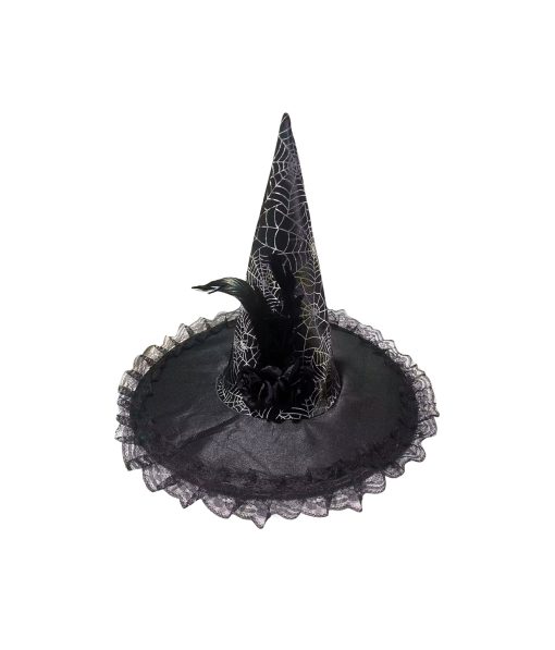 black witch hat with spider web pattern