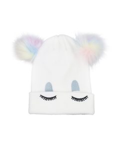 Unicore White Winter 2 Pom Ears Beanie Hat Kids 19x21.5cm