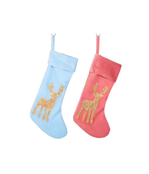 Blush Pink / Blue Stocking With Champagne Glitter Reindeer Assorted