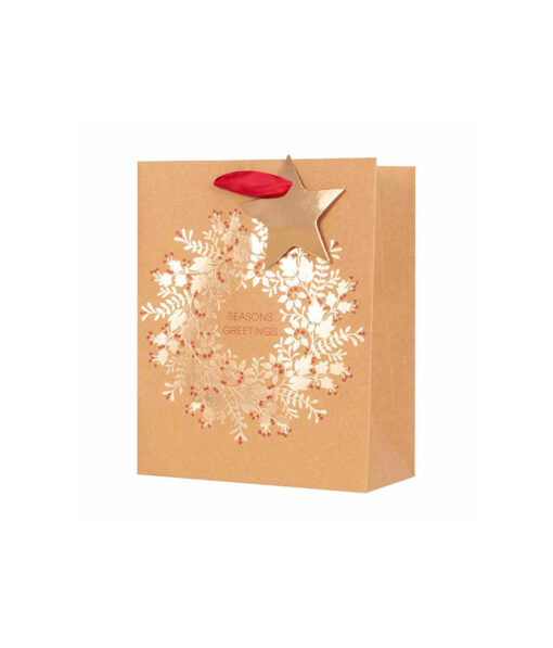 Medium Kraft Gift Bag With Wreath Print 17.8x23x9.8cm