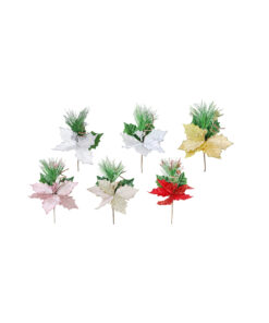 Poinsettia Pick Glitter Assorted 20cm