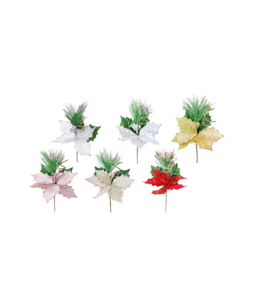 Poinsettia Pick Glitter Assorted 20cm