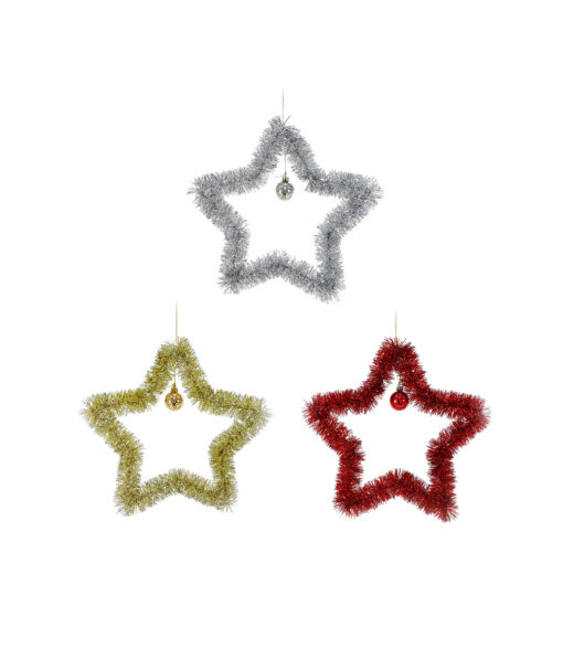 Tinsel Star With Bauble Assorted 35cm