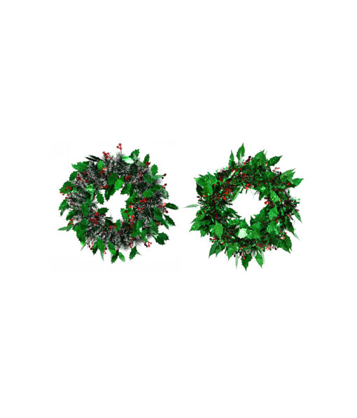 Tinsel Holly Berry Wreath Assorted 32cm