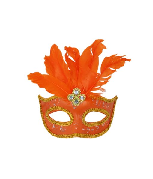 Neon Orange Half Mask With Feather