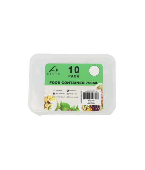 Clear PP Rectangular Food Container 10pc 750ml