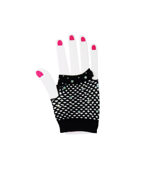 Black Fishnet Short Gloves With Crystals